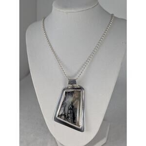 Picasso marble Sterling large pendant set in asymmetrical bezel + ball chain NWT